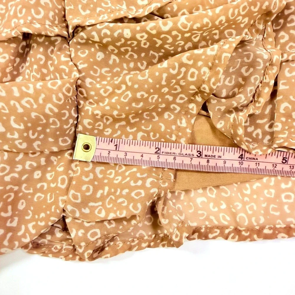 Japna Women Small Tan Animal Print Long Sleeve‎ V Neck Tiered Ruffle Mini Romper